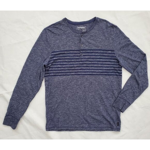 Express Blue Henley Long-Sleeve T-Shirt Striped Buttons Size M Layer - Picture 1 of 6